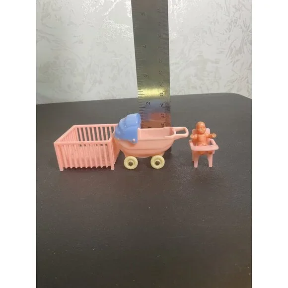 Vintage Pink & Blue Dollhouse Baby Accessories Set With Pram Crib & High Chair - Picture 5 of 6